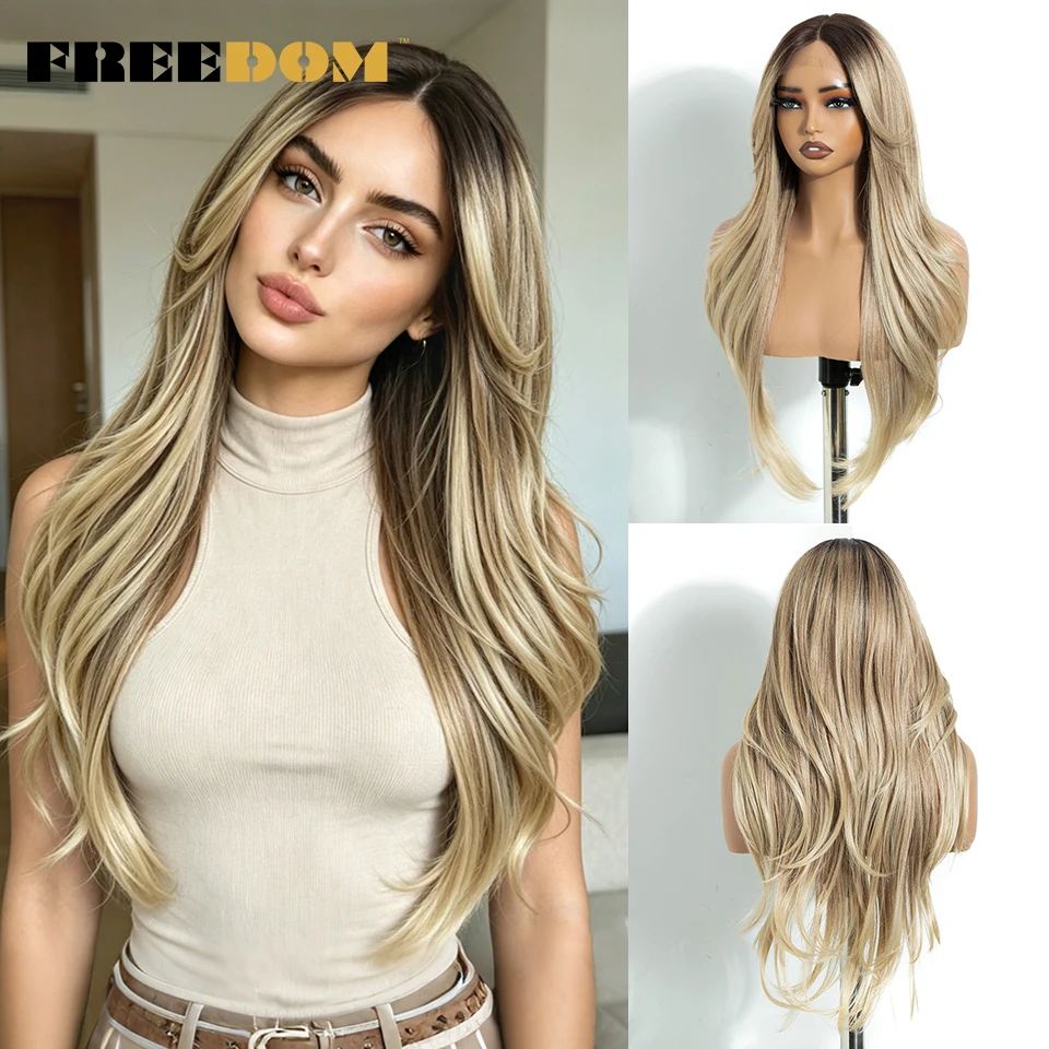 FREEDOM Straight Synthetic Lace Wig With Bangs Lace Front Wigs For Women 26 Inches Ombre Brown Blonde Wigs Red White Cosplay Wig