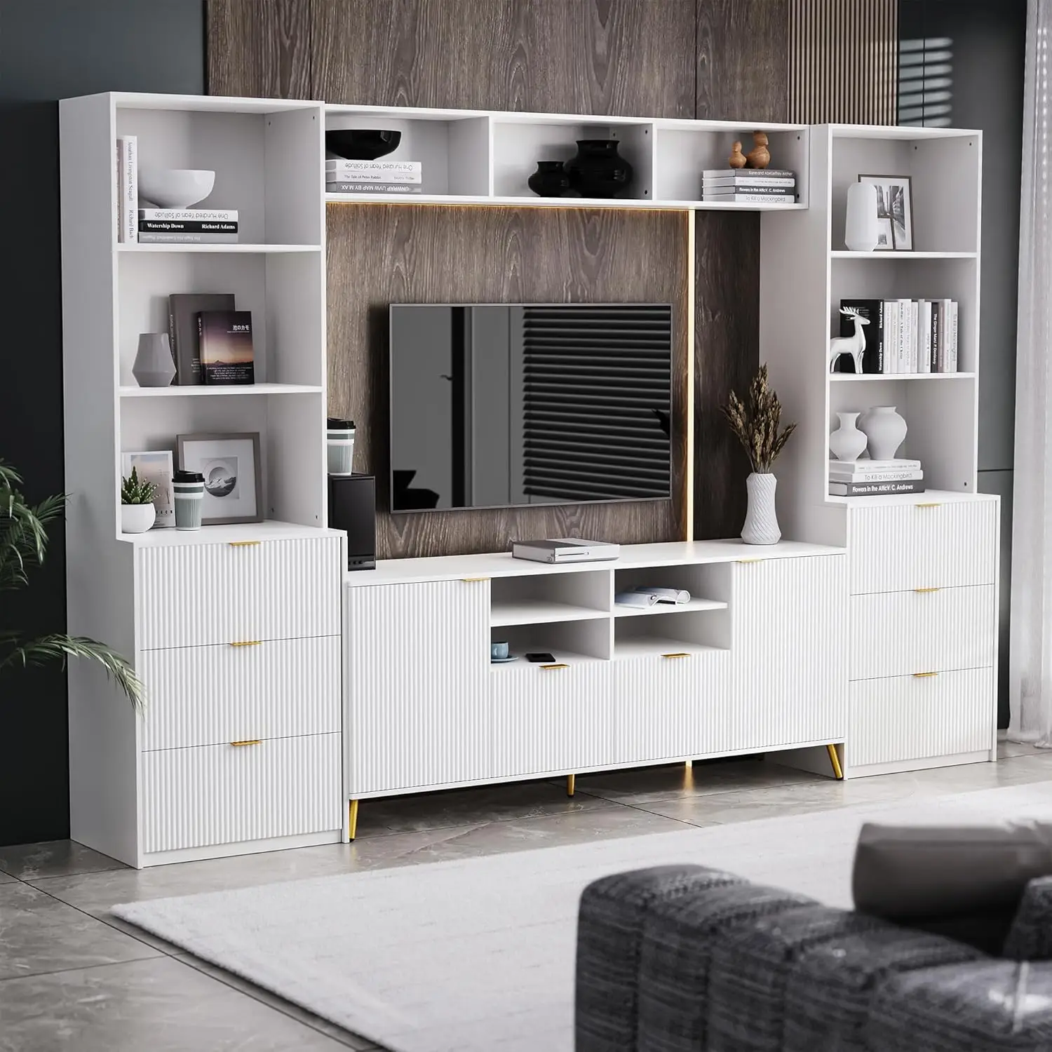 4-Piece Entertainment Wall Unit with 13 Shelves 8 Drawers and 2 Cabinets TV Stand Media Storage Cabinet with Fluted Line White