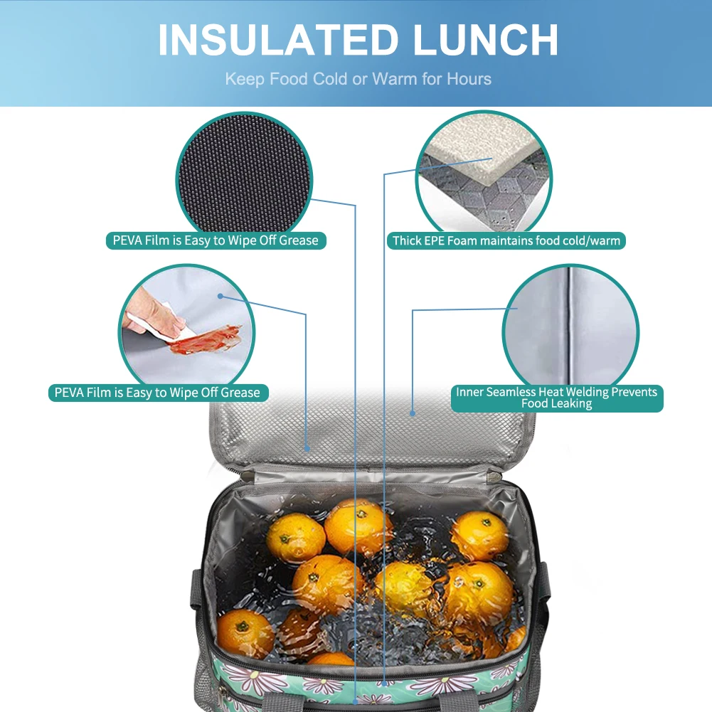 귀여운 핸드백 스타일의 꽃무늬 프린트 보온 도시락 가방 여성용 크로스바디 음식 보관 쿨러 아이스 케이스 캠핑 가방