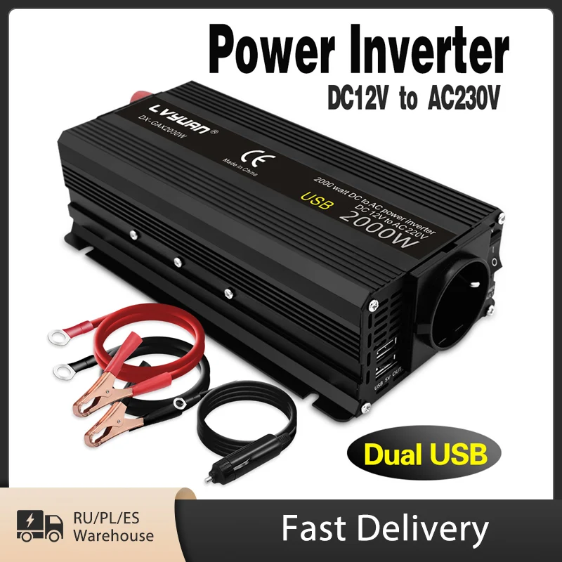 Inverter 1500W/2000W 12V 220V Converter 2 USB EU Universal Webasto 12 Volts Inversor12v 220 v Inversores Solar