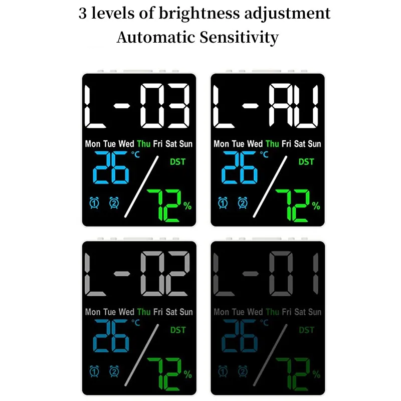 Réveil numérique TEMP Humidité Date Semaine, 2 alarmes, répétition électronique, horloge de table, 3 niveaux de luminosité, 12 H, 24H, DST, LED