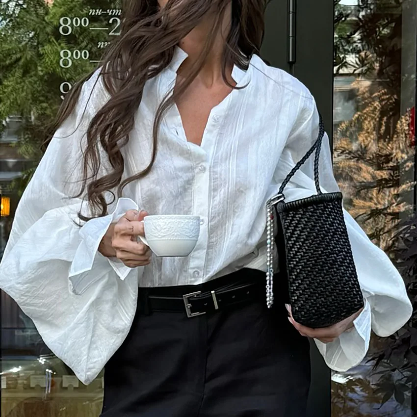 

2025 Women's Loose Long Sleeve Shirt Sweet Fresh Style Lantern Sleeve Turn-down Collar plus Size Top Street Style