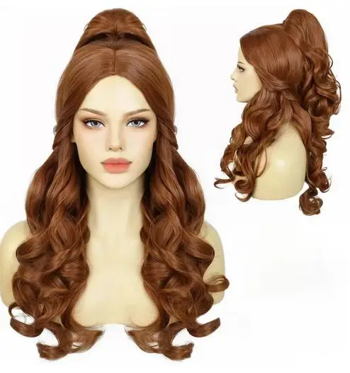 วิกยางรัดผมสายโทรศัพท์ผมยาวแบบลอนสีน้ำตาลเข้มสีน้ำตาลเบิร์นเบลล์เจ้าหญิงวิกผมชุดคอสเพลย์ผู้หญิงสำหรับวันฮาโลวีนวันขอบคุณพระเจ้า