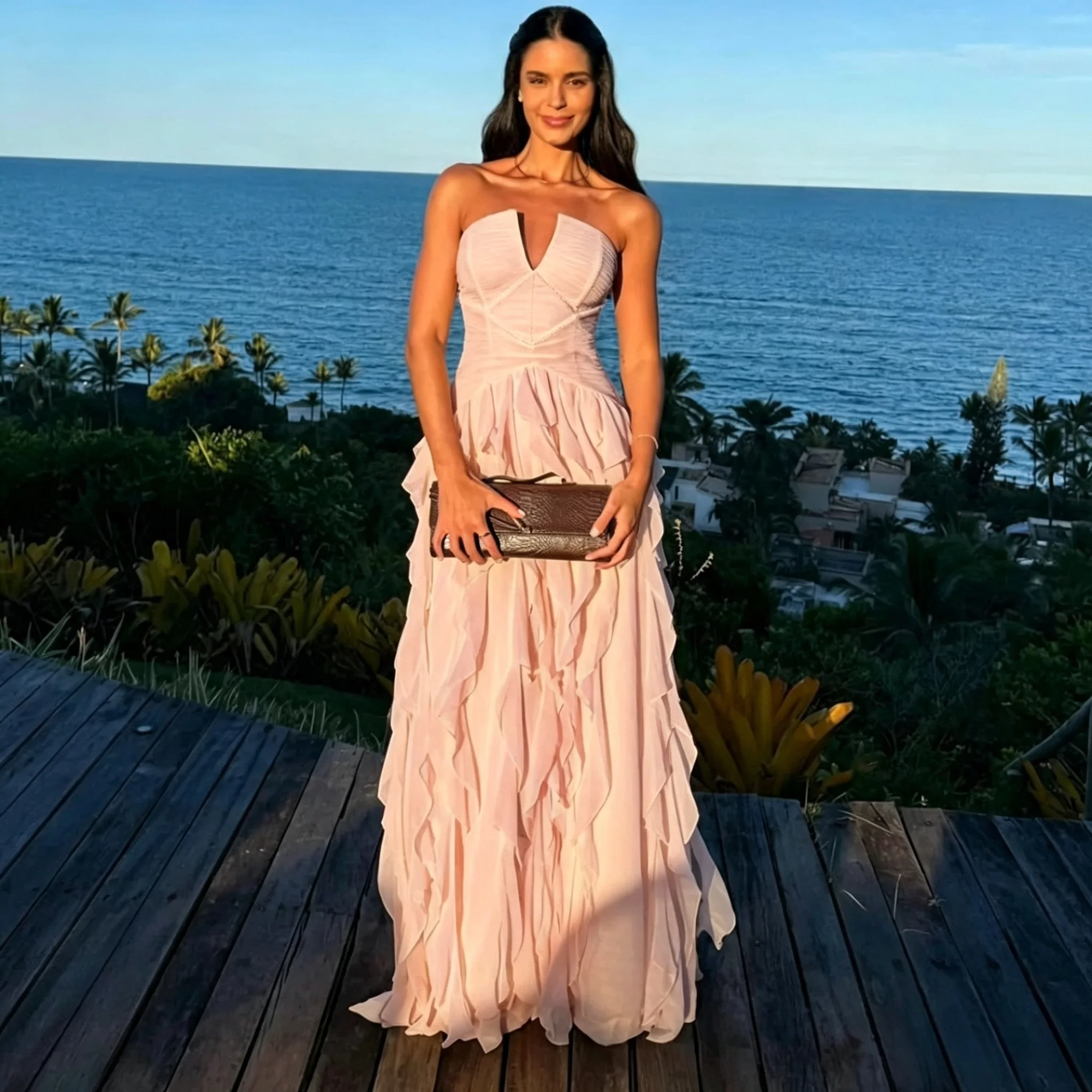 Strapless Deep V Chiffon Maxi Dress Women Ruched Waist Tiered Ruffle Long Formal Evening Gown Beach Wedding Guest Prom Dress image 5