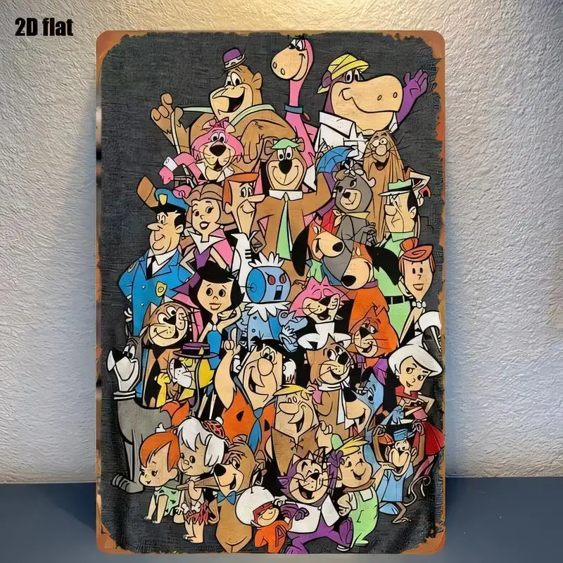 2D Flat Retro Classic Cartoon Characters Metal Tin Sign - Colorful Vintage Iron Wall Art for Living Room, Cafe, Game Room Decor