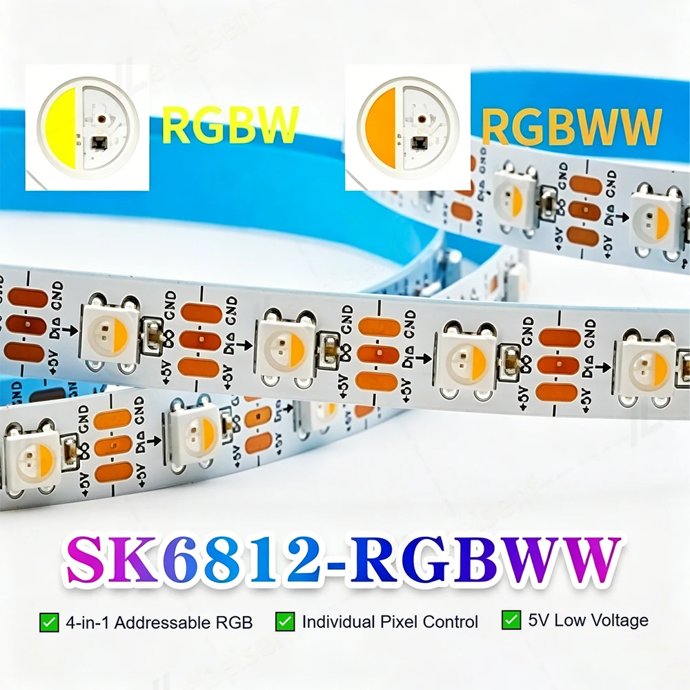 

RGBCW RGBWW SK6812 5V LED Magic Colour Pixel Flexi Strip Light 30 60 144 LEDs/M Individually Addressable IC 5050 4 in 1 LED 6812