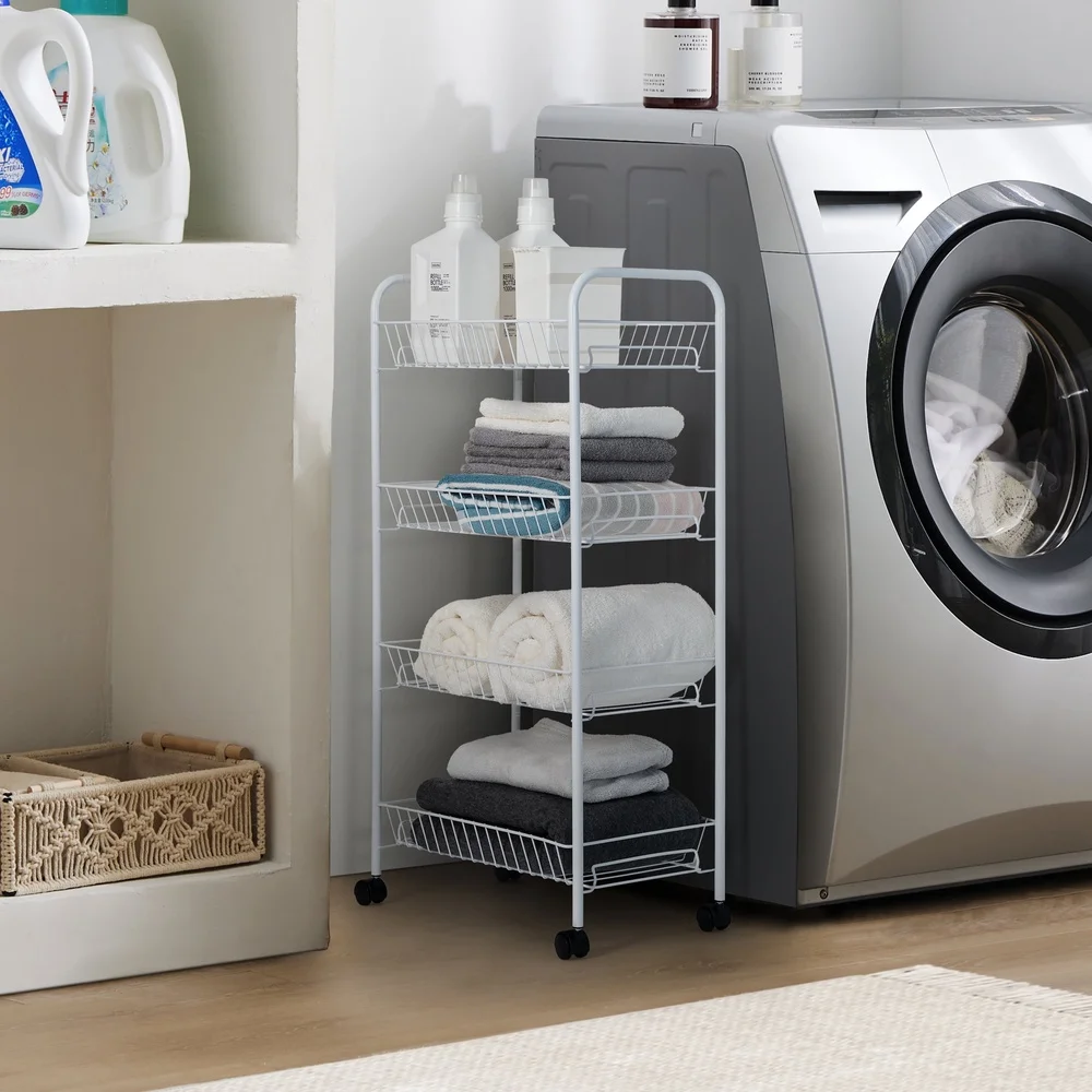 4-Tier Rolling Metal Laundry Sorter Cart with 4 Baskets Easy Organizing and Transporting Laundry Supplies