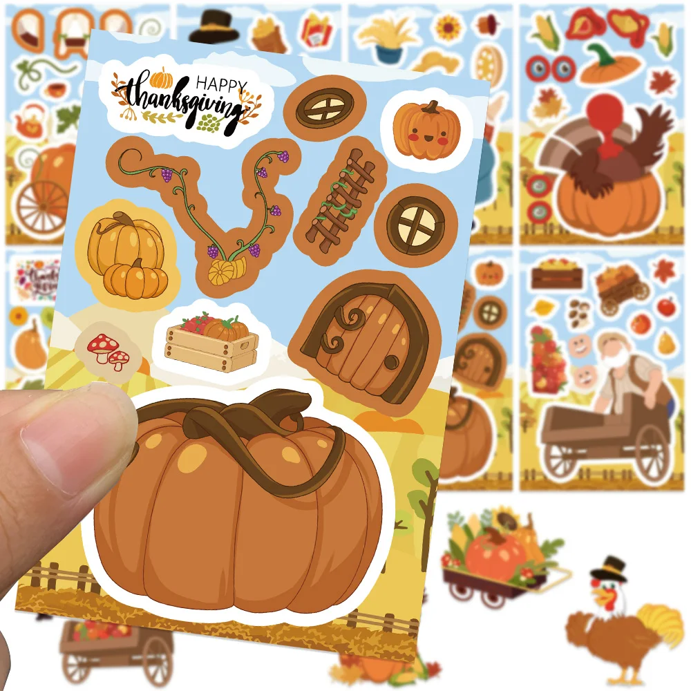 8/16/32 Vellen Schattige Thanksgiving Dag Maak Een Gezicht Doe-Het-Zelf Puzzelstickers Aankleden Spel Gezicht Grappig Assembleren Stickers Kinderen Speelgoed Geschenken