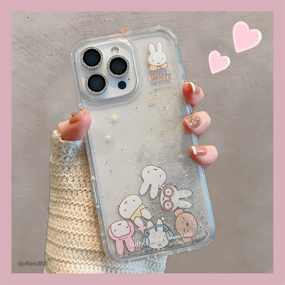 Kawaii Koreanische Niedliche Cartoon Miffy Kaninchen Glitzer Quicksand Handyhülle für iPhone 17 16 15 14 13 Pro Max Transparente Hartschale