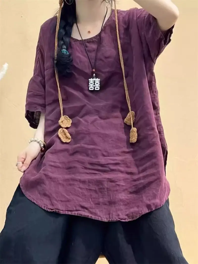 Ramie Short Sleeve T-Shirt Women's Summer Casual Loose And Versatile Retro Solid Color Medium Length Washed Linen Top K1950