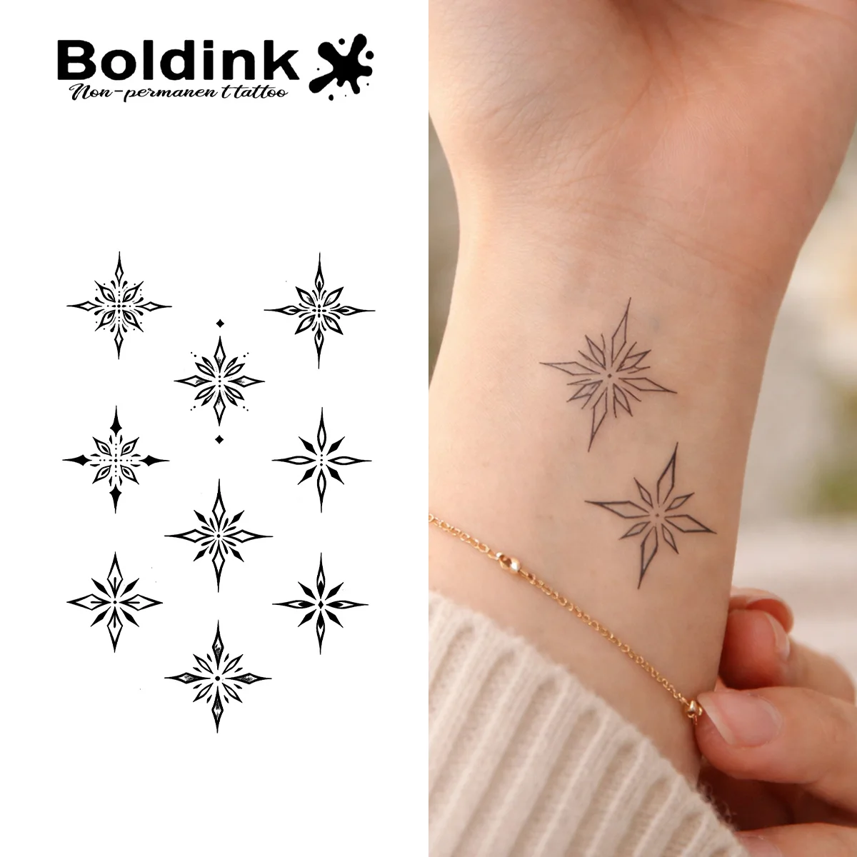 

BOLDINK Snowflake Starburst Moisturizing Tattoo Sticker Unisex Fashion Design Easy Apply Waterproof Lasts 1-2 Week