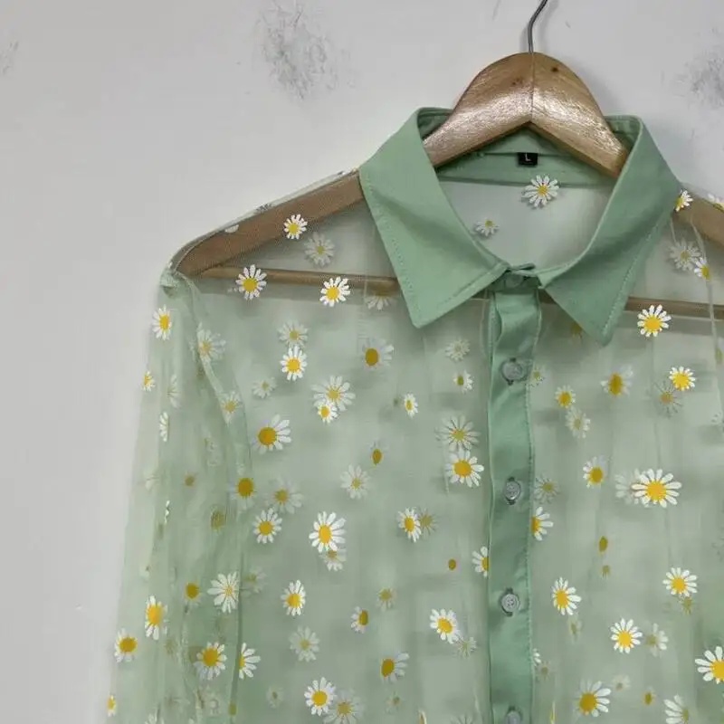WVGA Summer New Man Printed Sheer Mesh Layered Style Trendy Long Sleeve Shirt Niche Chic Casual Turn-Down Collar Tops Ins W22894