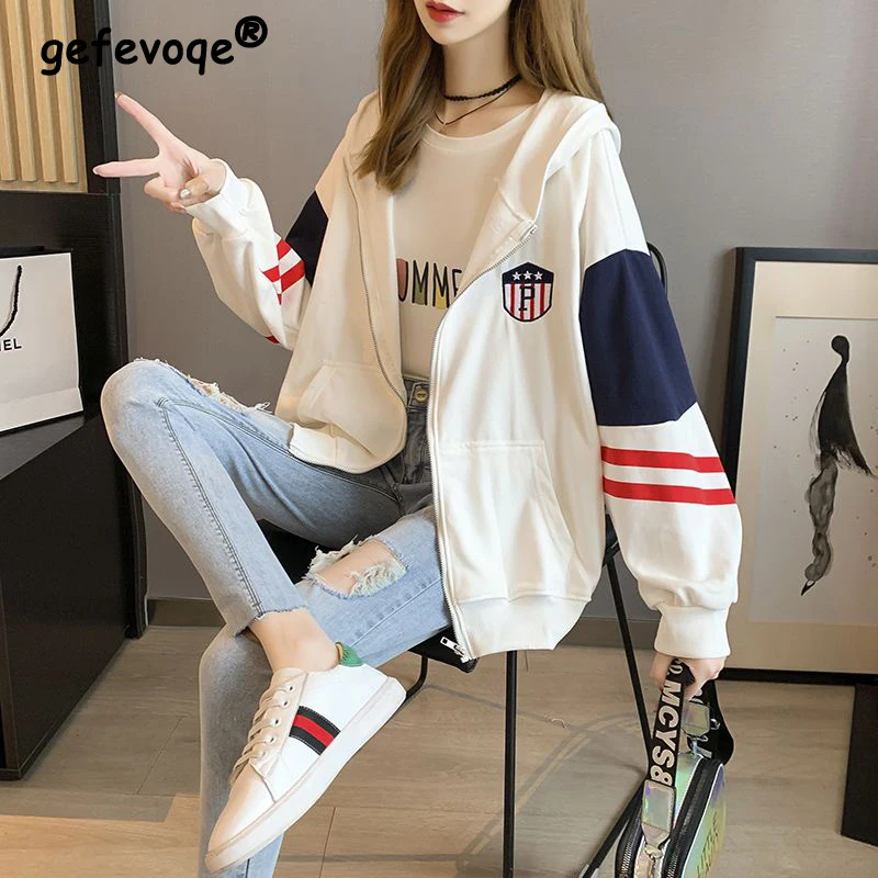 

Women Clothing Casual Streetwear Harajuku Y2K Zipper Hooded Sweatshirts Contrast Color Striped Long Sleeve Pockets Hoodie Jacket