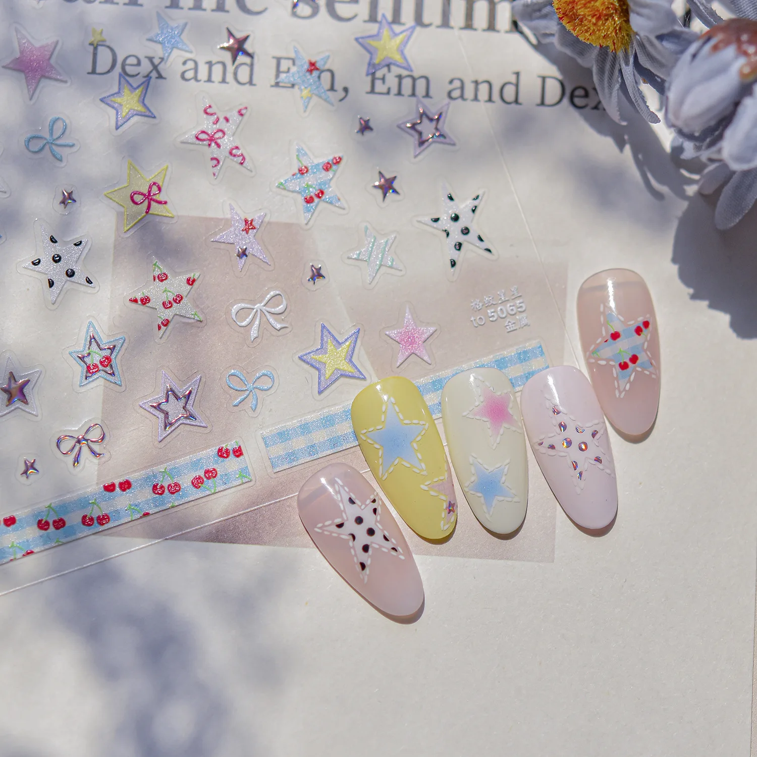 5D Y2K Cherry Bow Grid Five-pointed Star Nail Art Stickers Cute Double Layered Hollow Stars Christmas Nail Decal Y2K Decoration