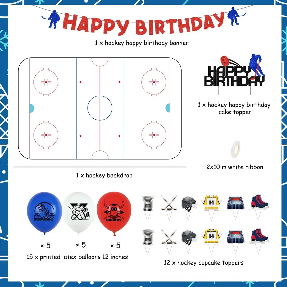 Funmemoir Ice Hockey Sports Themed Boys Birthday Party Decorations Hockey Balloons Cake Topper HAPPY BIRTHDAY Banner Backdrop