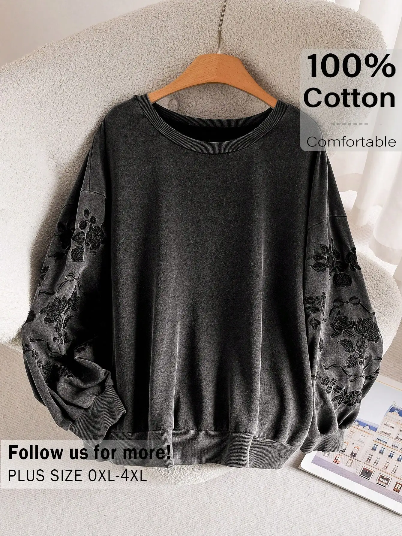 

Уютная женская толстовка CosyJoli больших размеров с цветочной вышивкой, элегантная, с круглым вырезом, длинными рукавами, для зимы