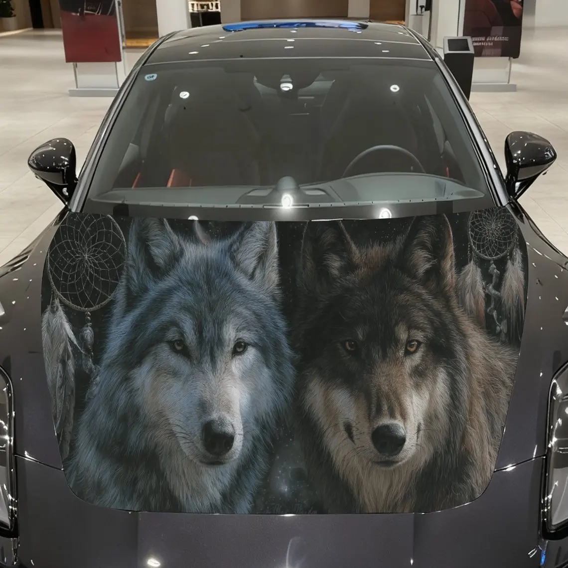 

Крышка на капот автомобиля с изображением волка, наклейка на внешнюю часть автомобиля «Ловец снов и снежной сцены», водонепроницаемая и самоклеящаяся наклейка на капот автомобиля, авто виниловая наклейка