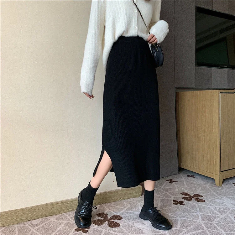 

Design 2023 Medium Long Knitted Black High Waist A-line Faldas Clothes for Women Skirts