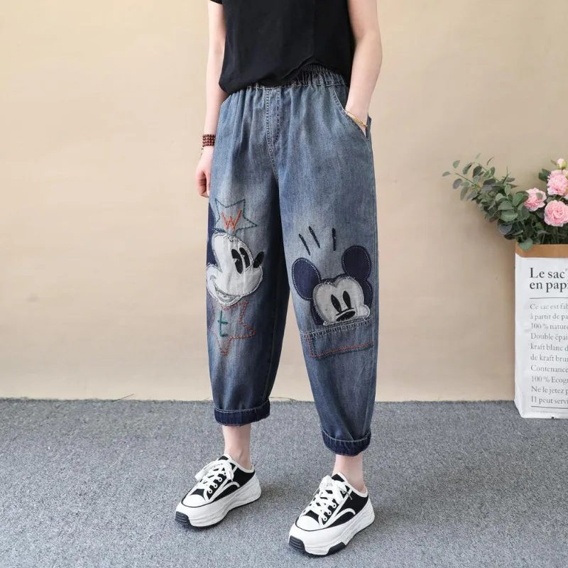 

2026 Summer Mickey Patch Embroidery Jeans Women Ankle-Length Harlan Carrot Hip-Hiding Slim Fit Lightweight Breathable Denim
