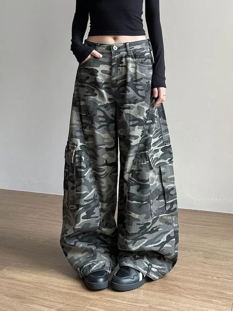 

Женские камуфляжные брюки с широкими штанинами, уличная одежда, свободные брюки с большими карманами, стильные прямые брюки для девушек, летние унисекс-штаны