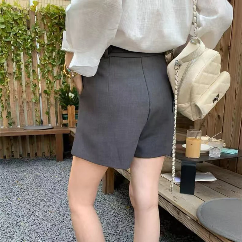 Korean Casual with Belt Suit Shorts for Women High Waist Solid Simple Wide Leg Shorts Summer Office Lady All Match A Line Short