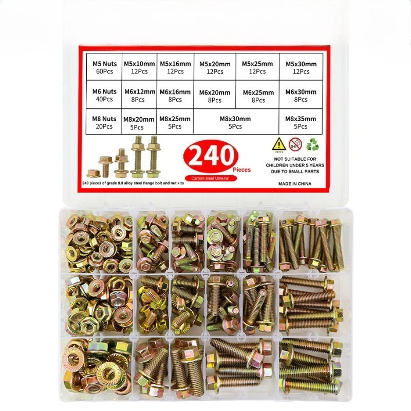 240Pcs 8.8 grade carbon steel color zinc flange bolt M5 M6 M8 nut boxed combination kit, suitable for DIY projects,home repairs,
