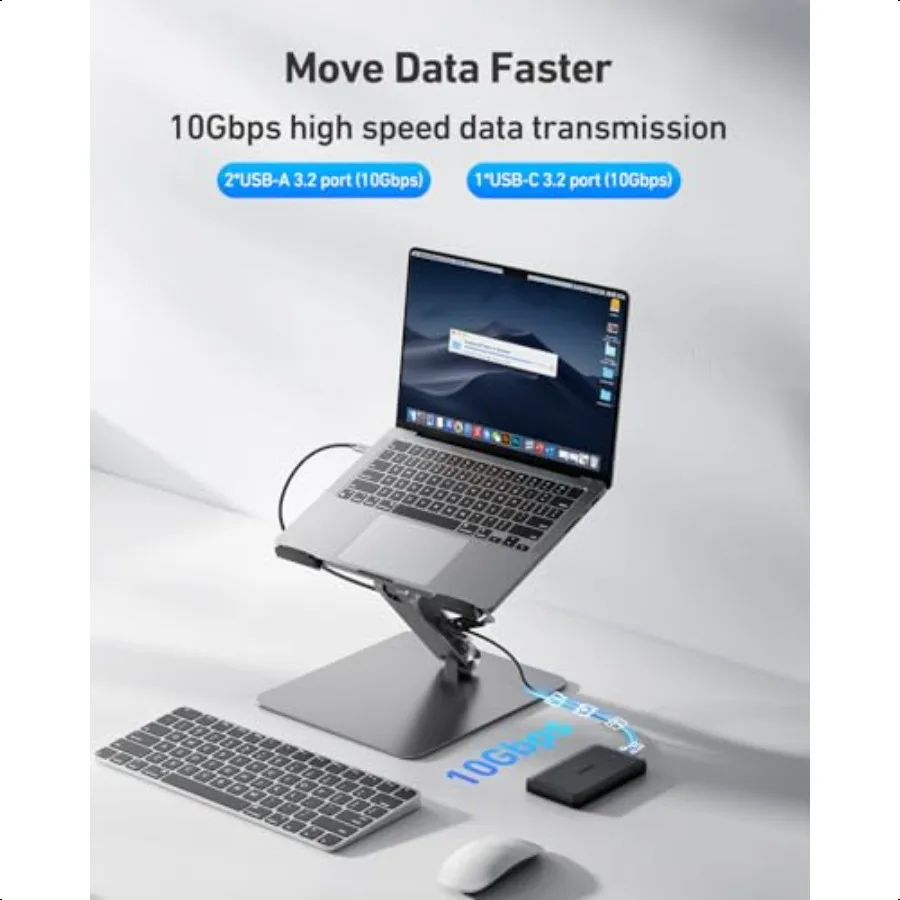 Laptop Stand with USB C 6in1 Docking Station HDMI 4K@60Hz Gigabit Ethernet 100W Power Delivery 10Gbps 1USB C 3.2 and 2USB A 3.2