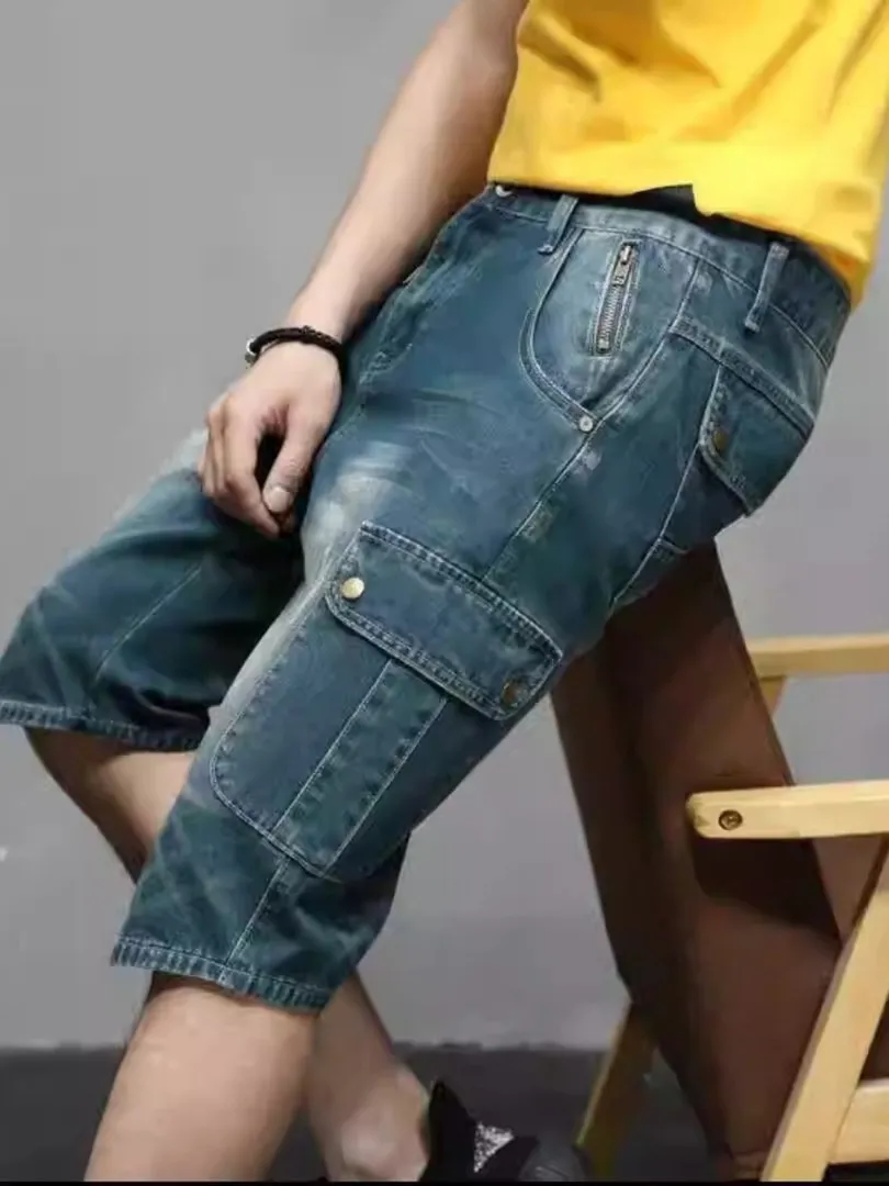 

Летние тонкие повседневные мужские джинсовые брюки с пятью четвертью, прямые брюки с несколькими карманами для спецодежды для сварки и других работ