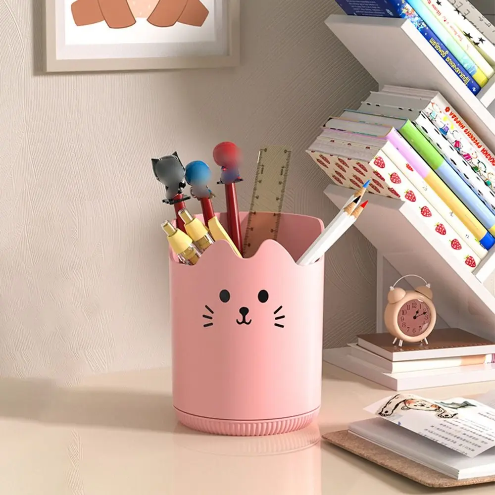 Cute Makeup Brush Holder, Suporte para lápis simples, 360 graus de rotação, grande capacidade, Cat Pattern Design, Lápis Display Cup, Cosméticos