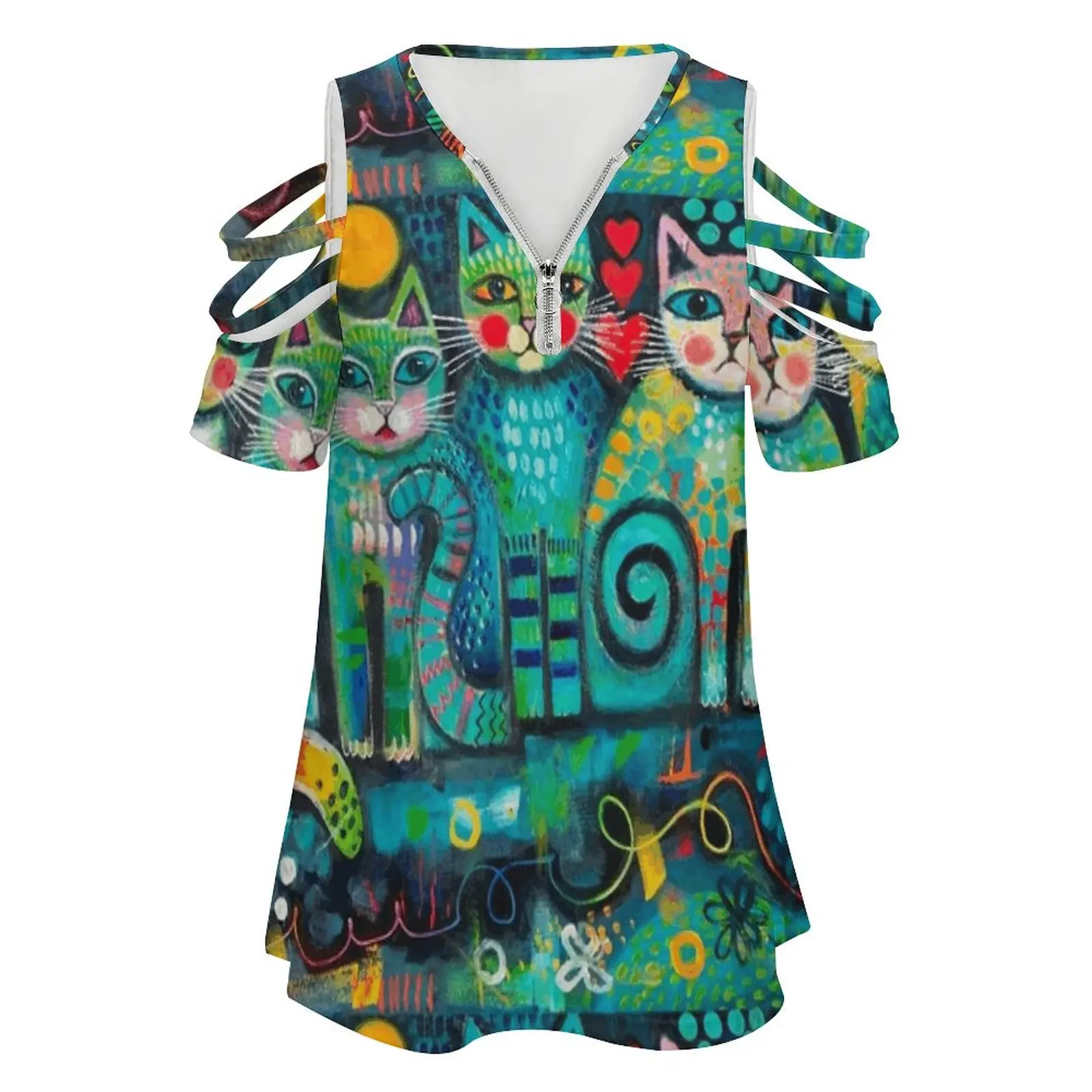 Friendly Cats Women's T-Shirt Summer Fashion Print Floral V-Neck Zipper Tshirt Hollow Pullover Ladies Top Cats Abstract