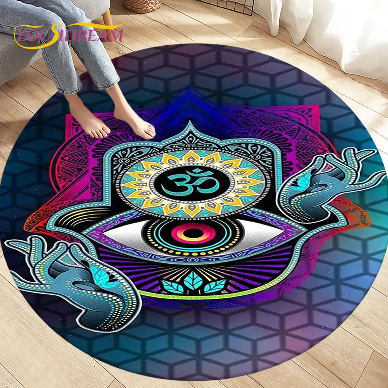 Evil Eye Round Area Rug,Hamsa Palm Mandala Circle Carpet Rug for Living Room Bedroom Sofa Decor,Kids Play Crawl Floor Mat soft