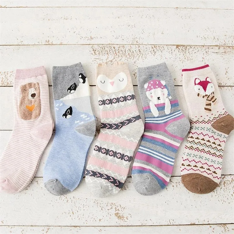 Calcetines bonitos para mujer, calcetines de algodón con dibujos de animales, oso, erizo, zorro, pingüino, Harajuku, divertidos calcetines de tendencia, regalo de Navidad