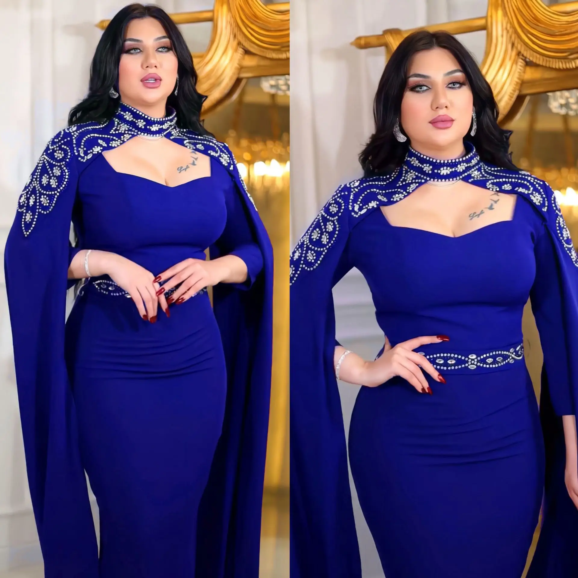 Diamonds Cloak Sleeve Bodycon Abaya Dresses Dubai 2024 Women Maxi Long Evening Dress Islam Jalabiya Wedding Vestidos Party Gown