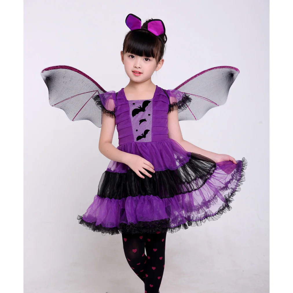 Kinder Mädchen Halloween Fledermaus Hexen Kostüm Komplettset mit Flügeln, Halskette, Socken, Netzstrümpfen und Handschuhen für Themenpartys – Detail 4