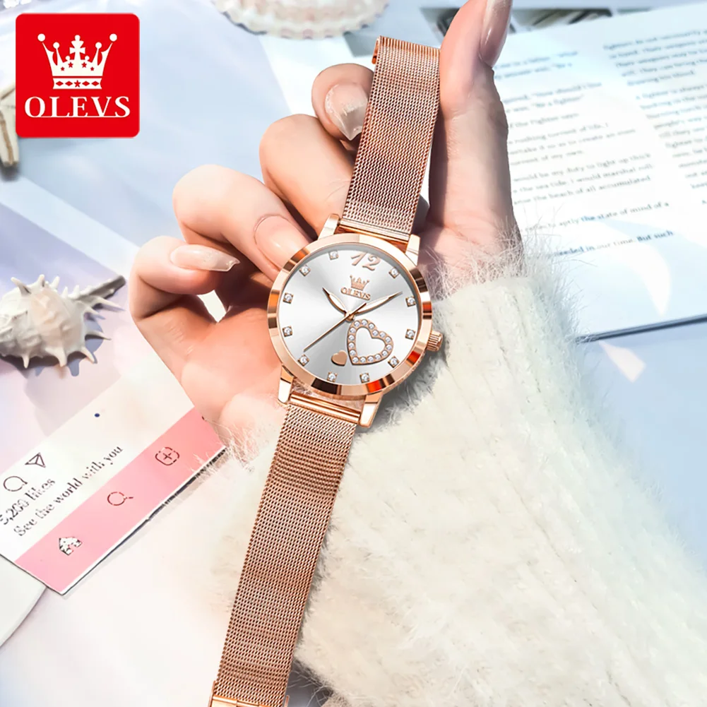 OLEVS 5189 Original Quartz Watch for Women Elegant Rose Gold Mesh Steel Strap Heart Design Waterproof Watches Ladies Wristwatch