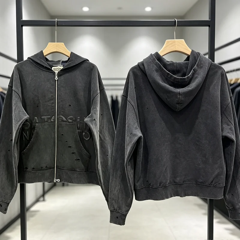 SATOSHI NAKAMOTO Men Women Dark Grey Zip Up Hoodie Embossed Letter Ripped Design Loose Fashion Jacket