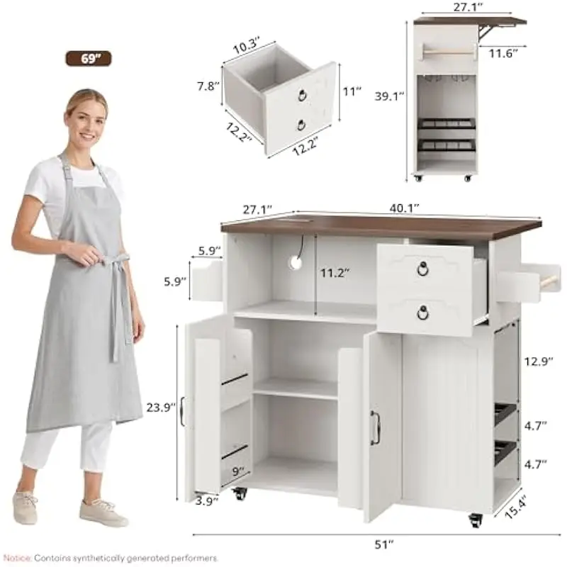 51-inch rolling kitchen island with fold-down leaf extension, integrated power socket and USB port, engineered wood construction