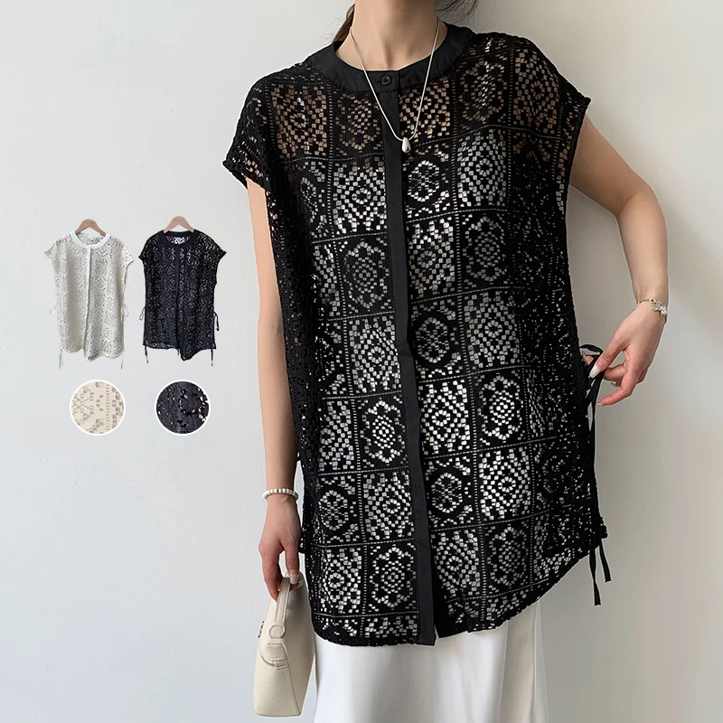 

Ruffle Svel Lace irt Hollow out round Ne Hook Embroidery Open Cardigan Sle Women's Casual Top Polyester Fiber