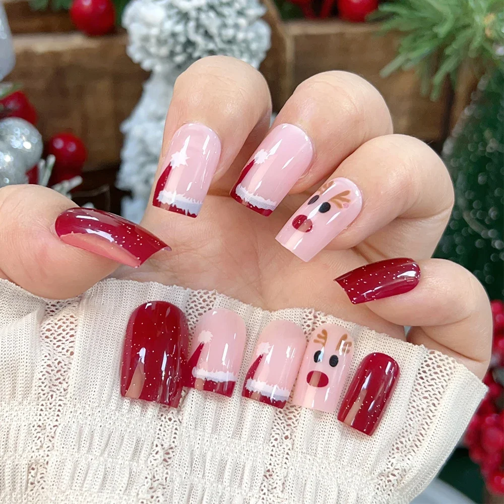 Christmas Cute Snowman False Nail Press on Full Short Nails Tips 24Pcs Elk Pattern Design DIY Manicure Red Fake Nails Art Tools