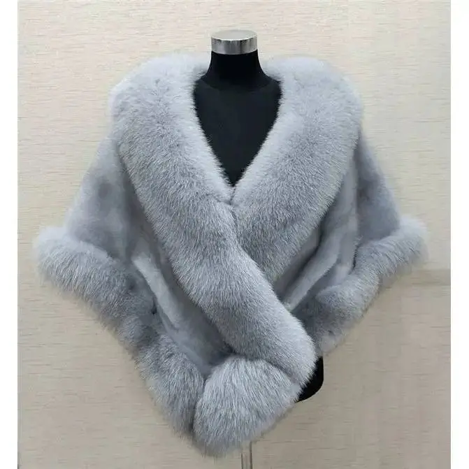 Women's Light Gray Faux Fox Fur Wrap Shawl Elegant Warm Luxury Occasion Outerwear 2026