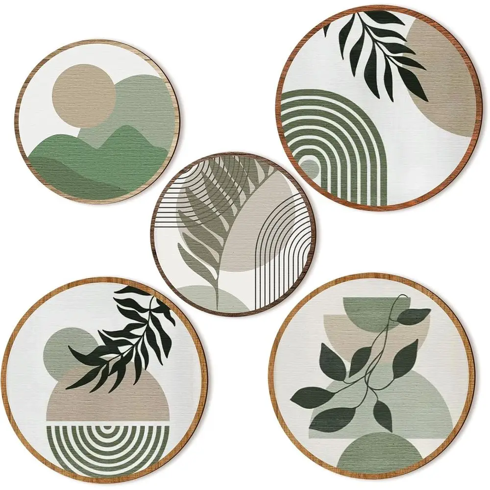 5-Piece Wooden Wall Decor Set - Geometric Hanging Art for Living Room and Bedroom (Greenery Aesthetic)