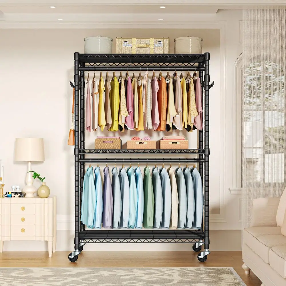 

P1 Plus Rolling Clothes Rack, 22mm Diameter Heavy Duty Garment Rack with Wheels, Portable Closet Wardrobe with Double Rods, 45