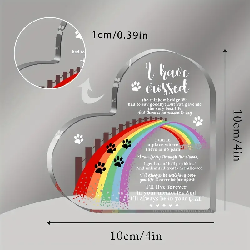 [Sympathy Gift] Rainbow Bridge 1pc Heart-Shaped Acrylic Pet Memorial Gift | 2D Flat, Paw Prints & Butterflies, Sympathy Gift