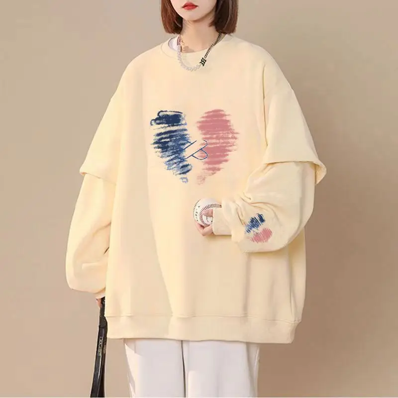 Fake Two Piece Stitching Sweatshirts Tracksuit Korean Style Loose Fashion Casual O-Neck Long Sleeve Autumn And Winter