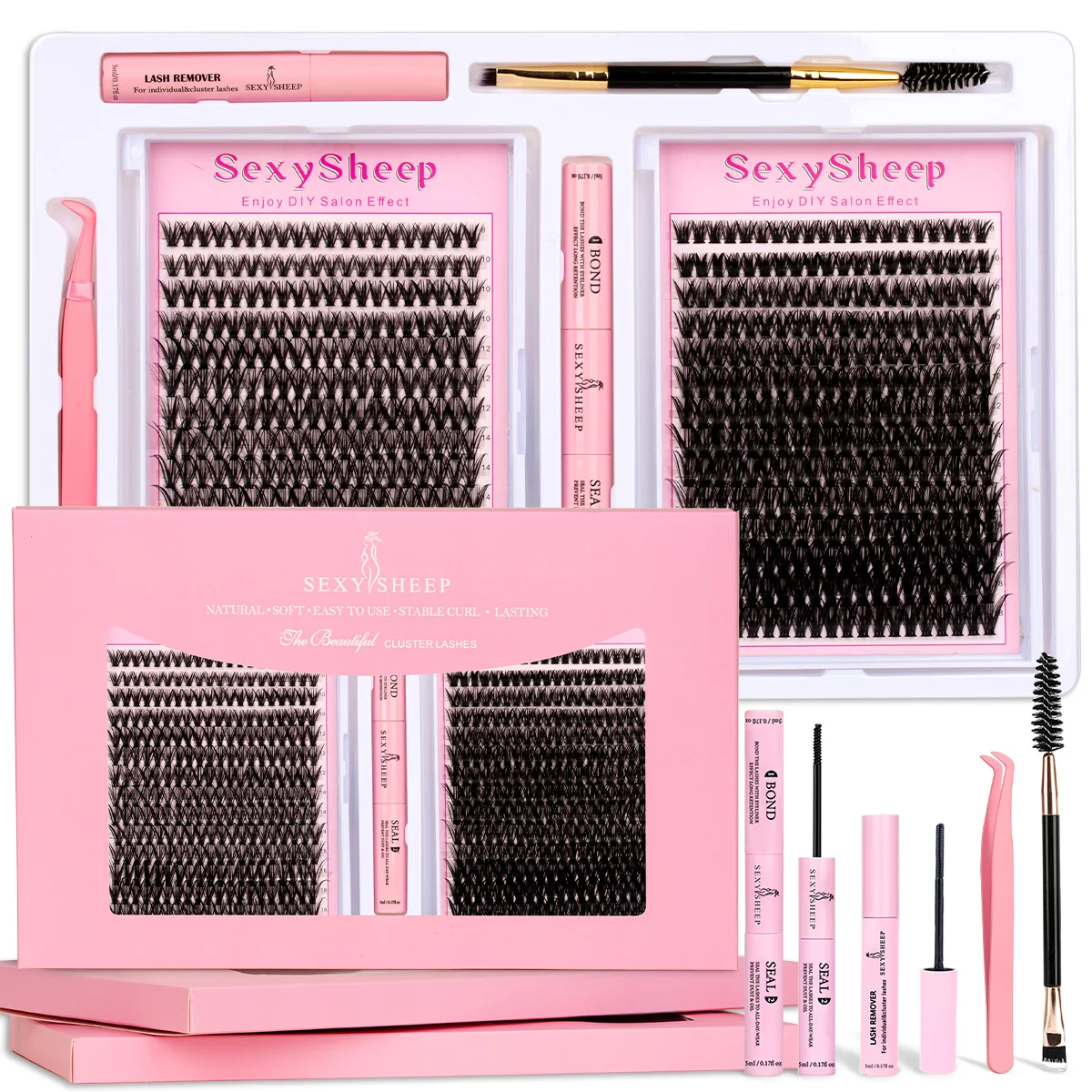 Kit de extensão de cílios 3d, faça você mesmo, aparência natural, clusters de cílios macios, estilos mistos com ligação, vedação, removedor e pinças