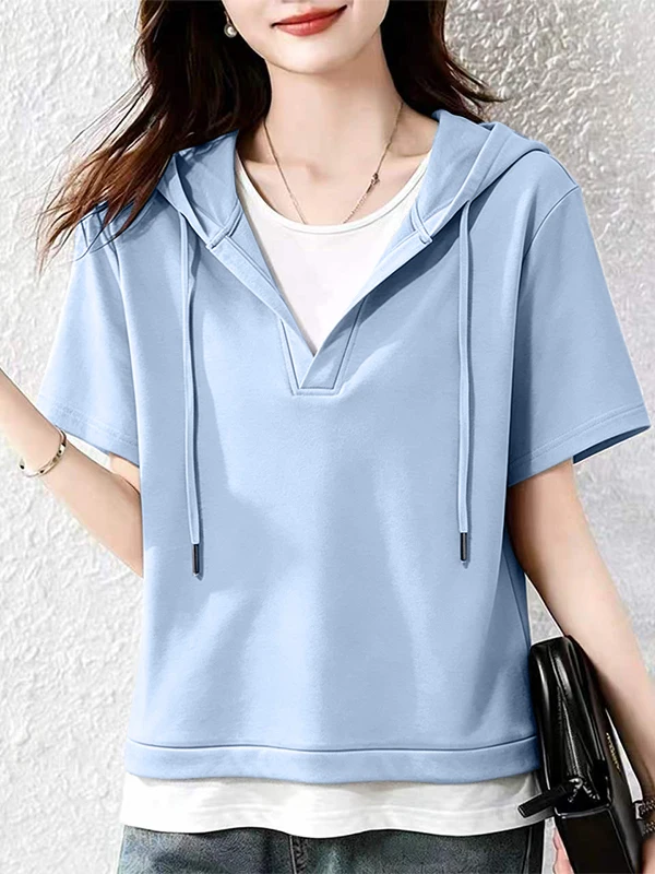 Women's Loose Fit Short Sleeve T-Shirt 95 Cotton Hooded Summer Fashionable Patchwork Slimming Top Korean Style Casual Wear