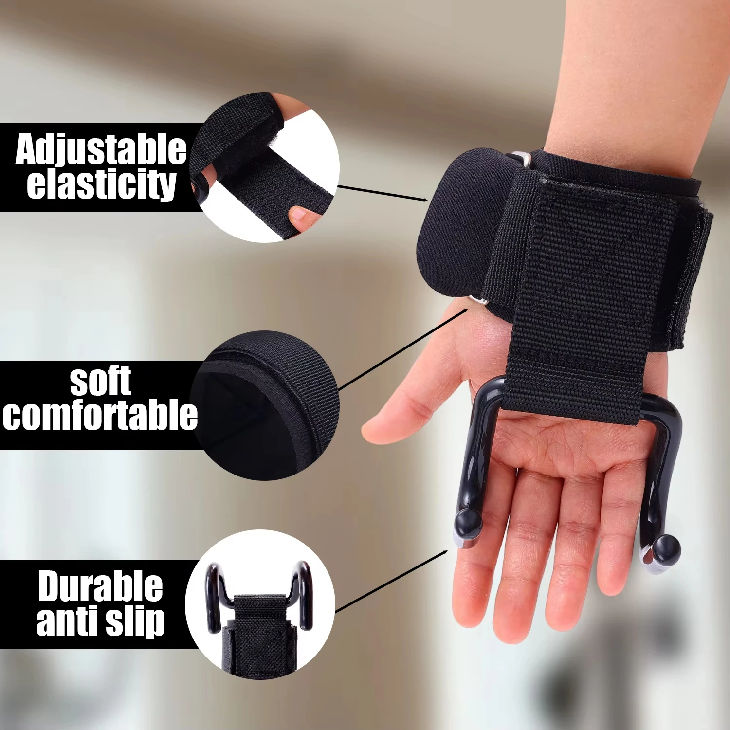 Weight Lifting Hooks Weight Lifting Grips Heavy Duty Pull Up Straps Adjustable Powerlifting Support Hooks Straps for Gym Workout