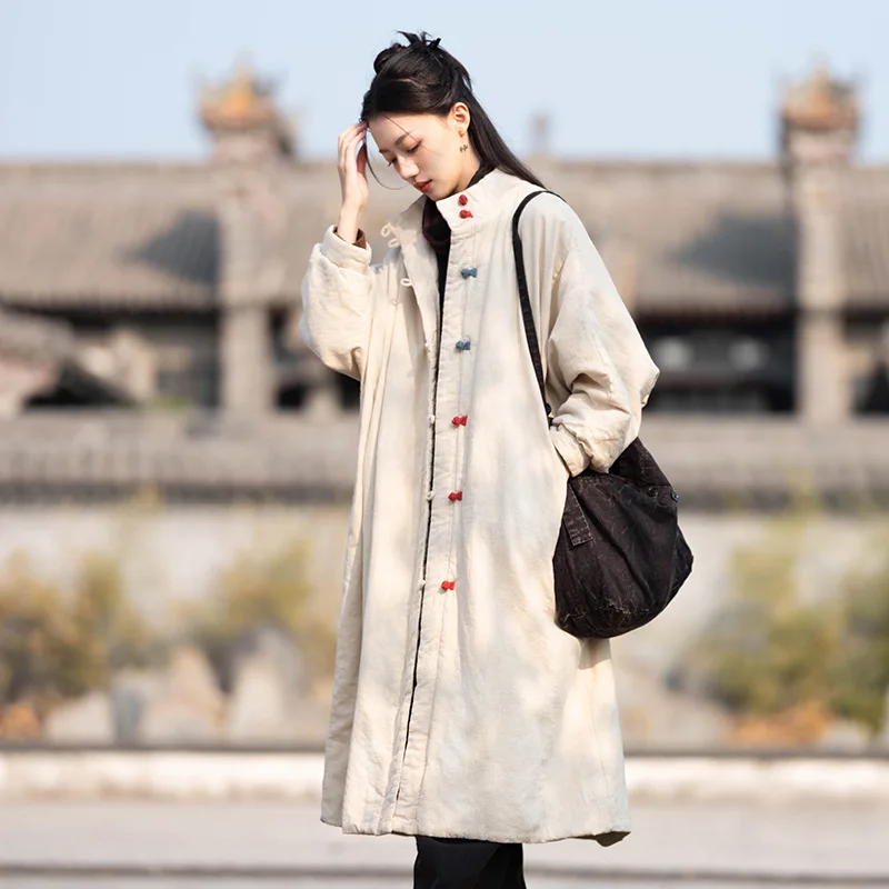 25 Linen Original New Loose Retro National Style Sand Washed Button Long Jacket Women's Quilted Warm Cotton Coat