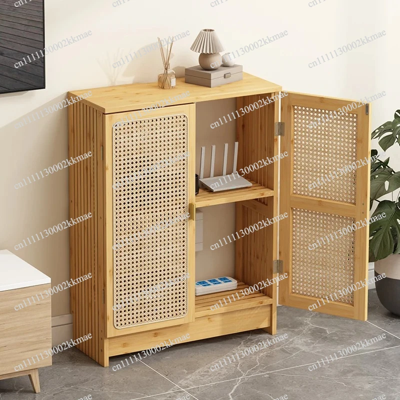 Woven Rattan Floor Router Cabinet Modern Cable Hub with Frame WiFi Organizer for Living Room Double-layered Cable Management