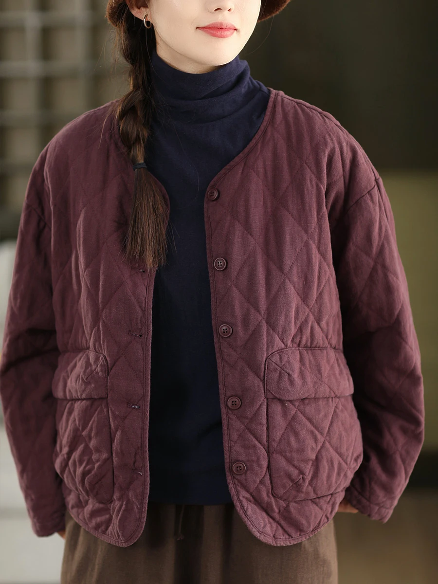 

Осенне-зимнее утепленное хлопковое пальто с ромбовидным узором из конопли, женское теплое пальто на одной пуговице с длинными рукавами